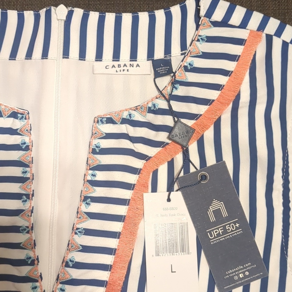 CABANA LIFE Embroided- Blue/White Striped Pockets Sleeveless Mini Dress UPF50 + - Picture 6 of 13